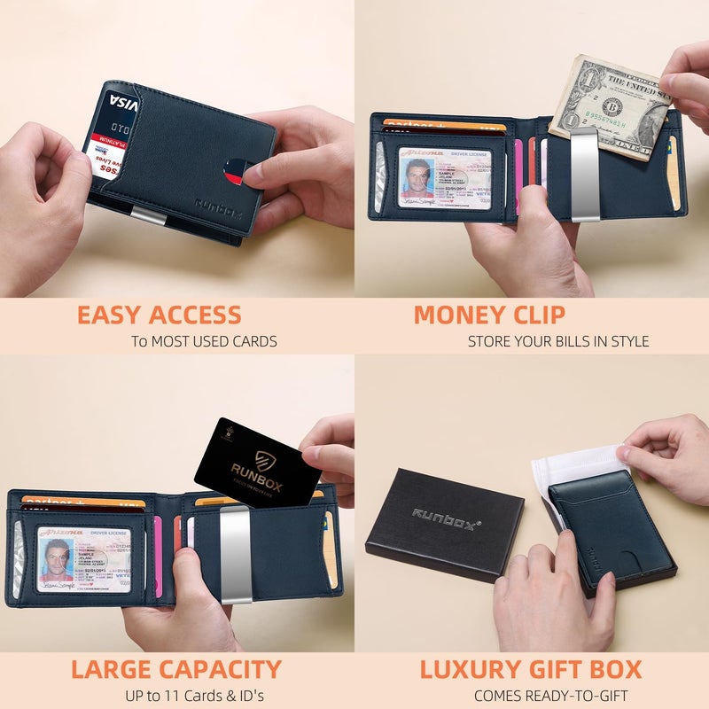 RUNBOX Money Clip Wallets for Men,Slim Leather Mens Bifold Wallet,RFID Blocking Front Pocket Wallet,Thin Credit Card Holder with Gift Box - Image 2